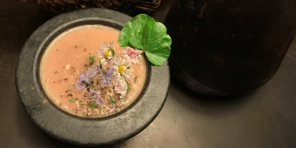 Nahaufnahme der Radieschensuppe in einem schwarzen Teller, dekoriert mit Gänseblümchen.